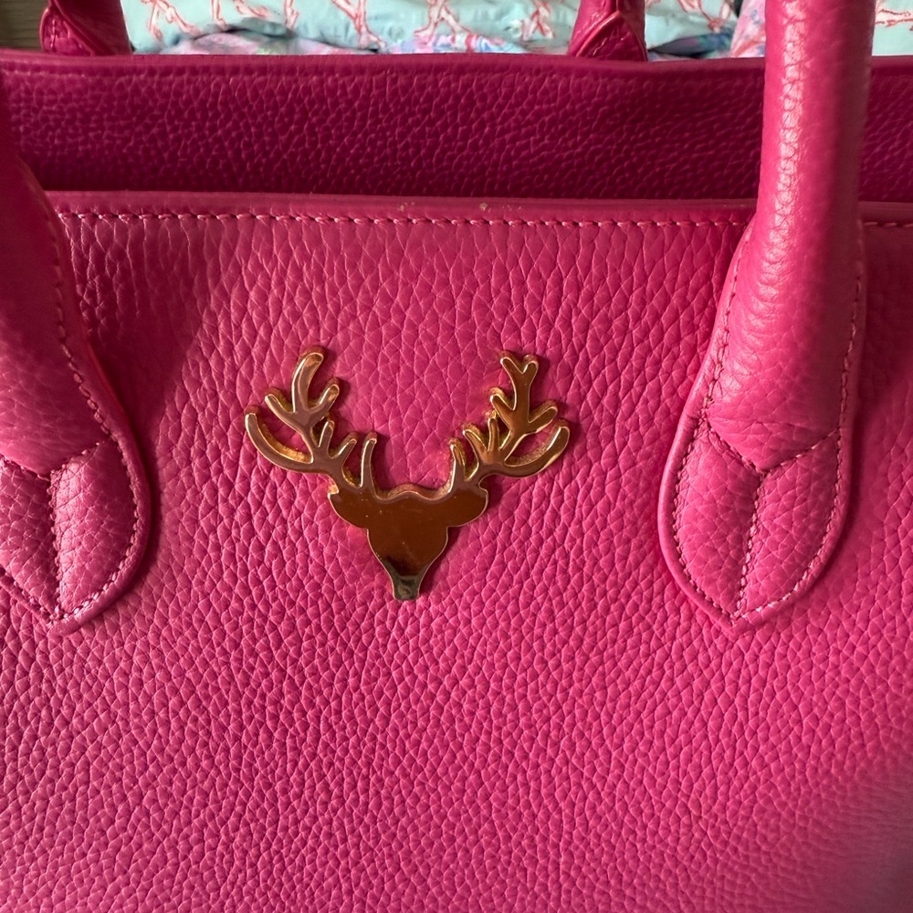 Taxidermy Mackie tote Pink and Gold Pebbled Leather Tote with Deer Accent